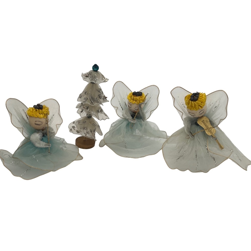 Vtg Tulle Christmas Tree  3 Angels 50/60s MCM Glitter White Tulle Retro Kitsch